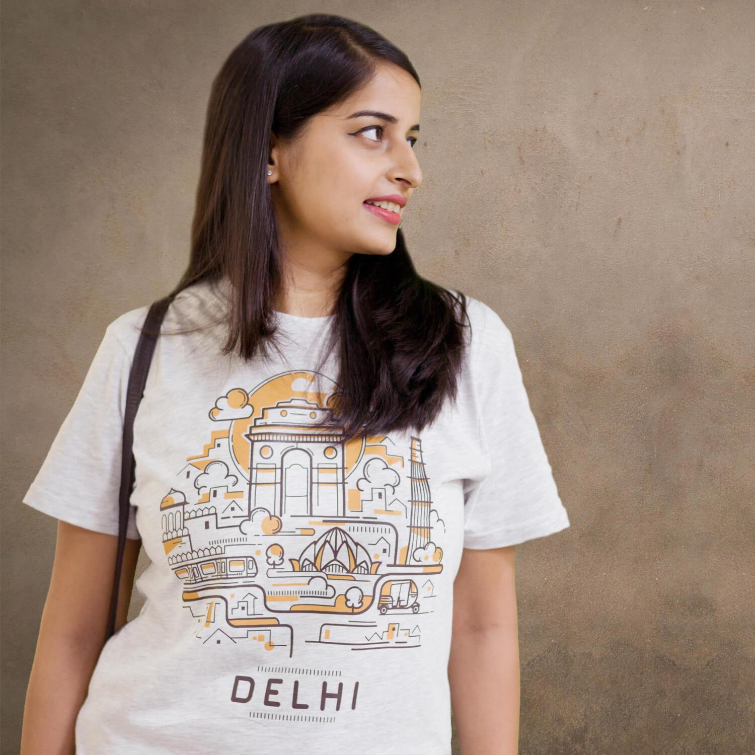 Delhi Line Art - White Melange T-Shirt - Raahi