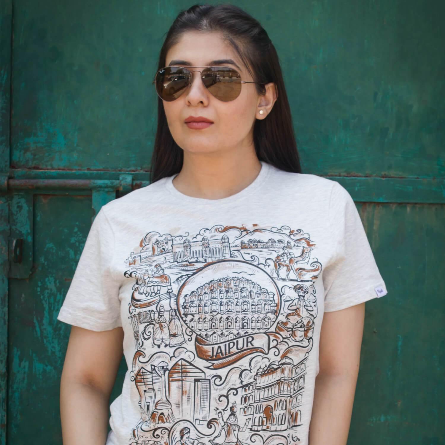 Jaipur Doodle - White Melange T-Shirt - Raahi