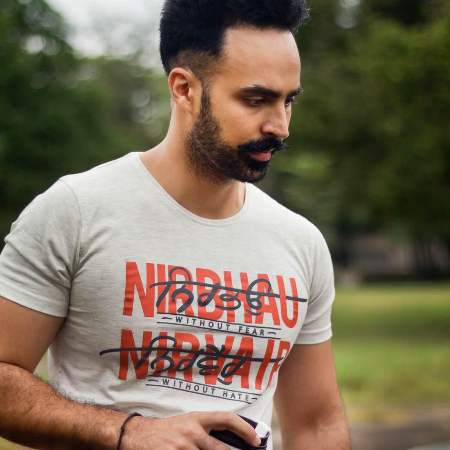 Nirbhau Nirvair - White Melange T-Shirt - Raahi